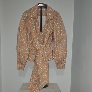 Bailey 44 orange and cream puff sleeve blouse with a tie front Size M